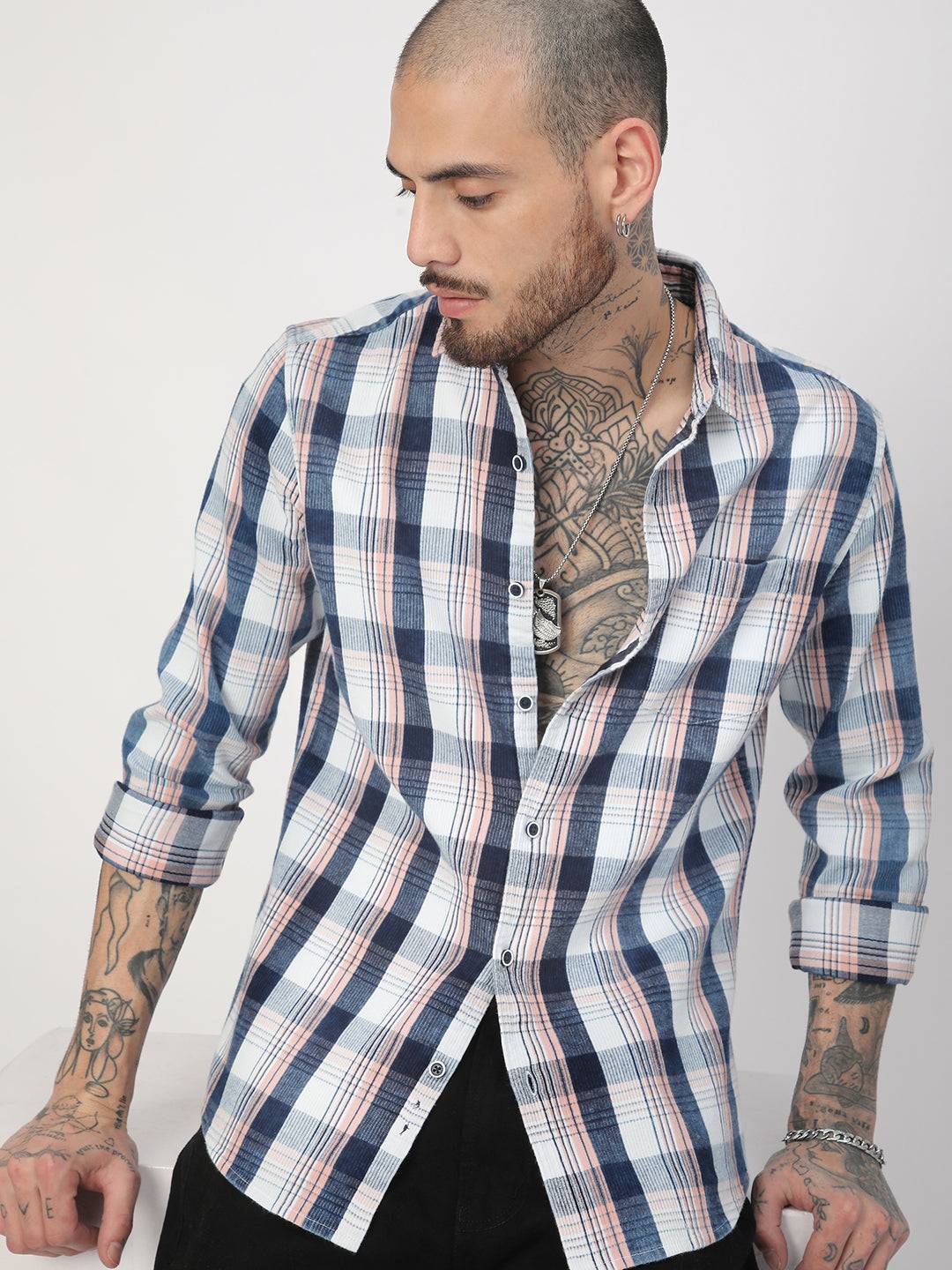 Denim Peach & Navy Plaid Checks Shirt Buy only at ₹759