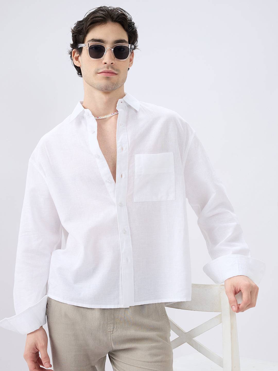 Pristine White Linen Textured Boxy Fit Crop Shirt Buy only at ₹859