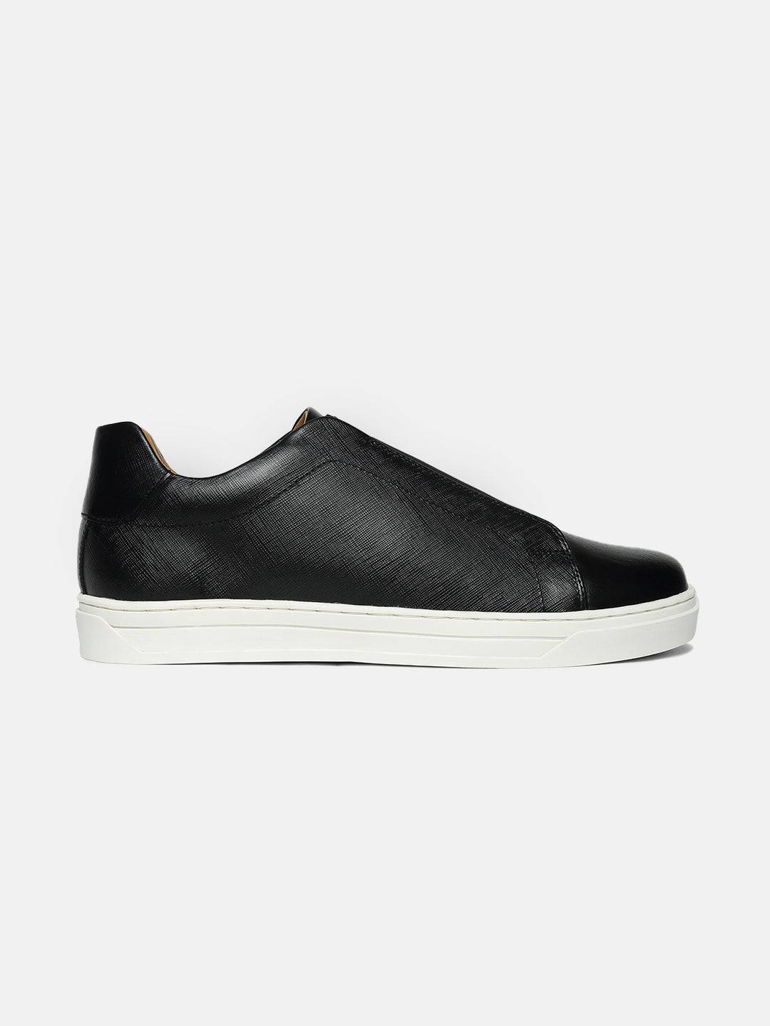 Low-Top Premium Leather Slip-On Sneakers - Black