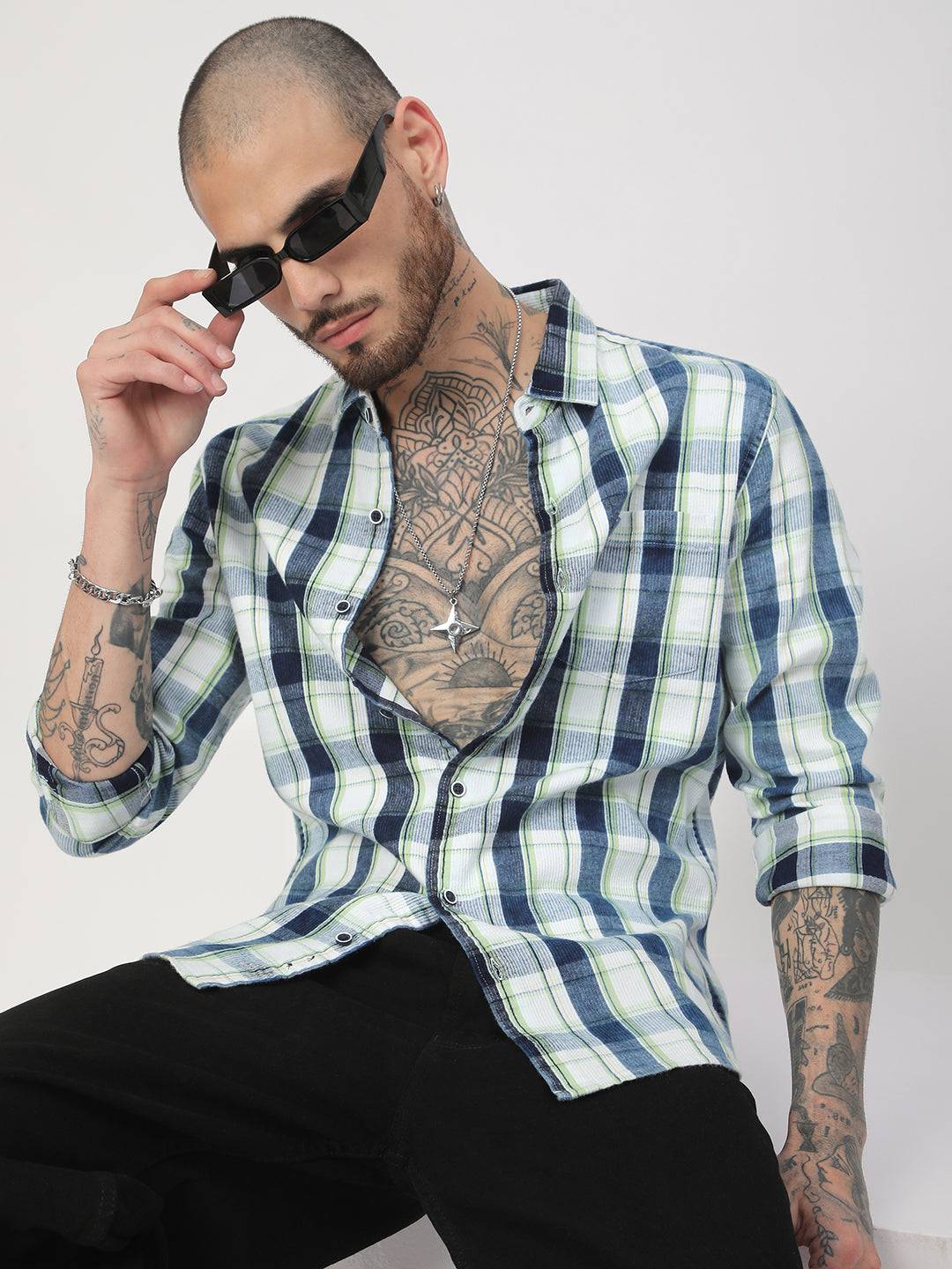 Denim Green & Navy Plaid Checks Shirt Buy only at ₹759