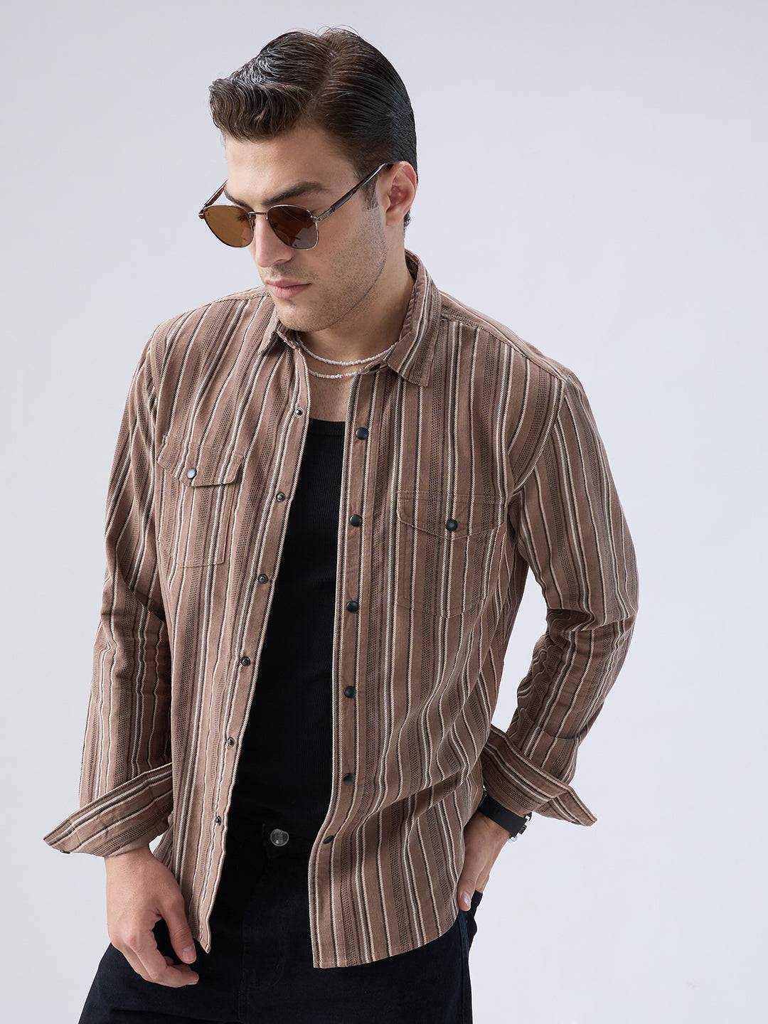Rustic Bark Brown Multi-Stripe Twin Pocket Corduroy Shirt Buy only at ₹899