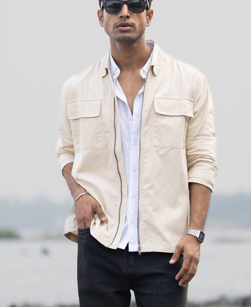 Light Beige Structured Zipper Overshirt Buy @ ₹1499