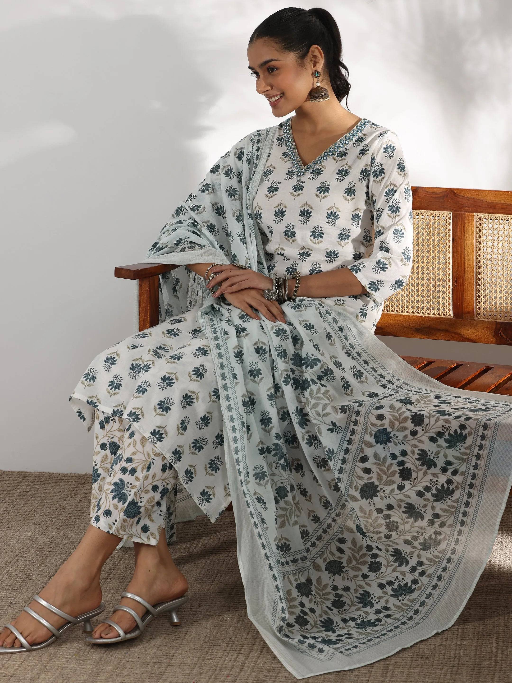 White Printed Cotton Straight Suit With... Buy only at ₹3799
