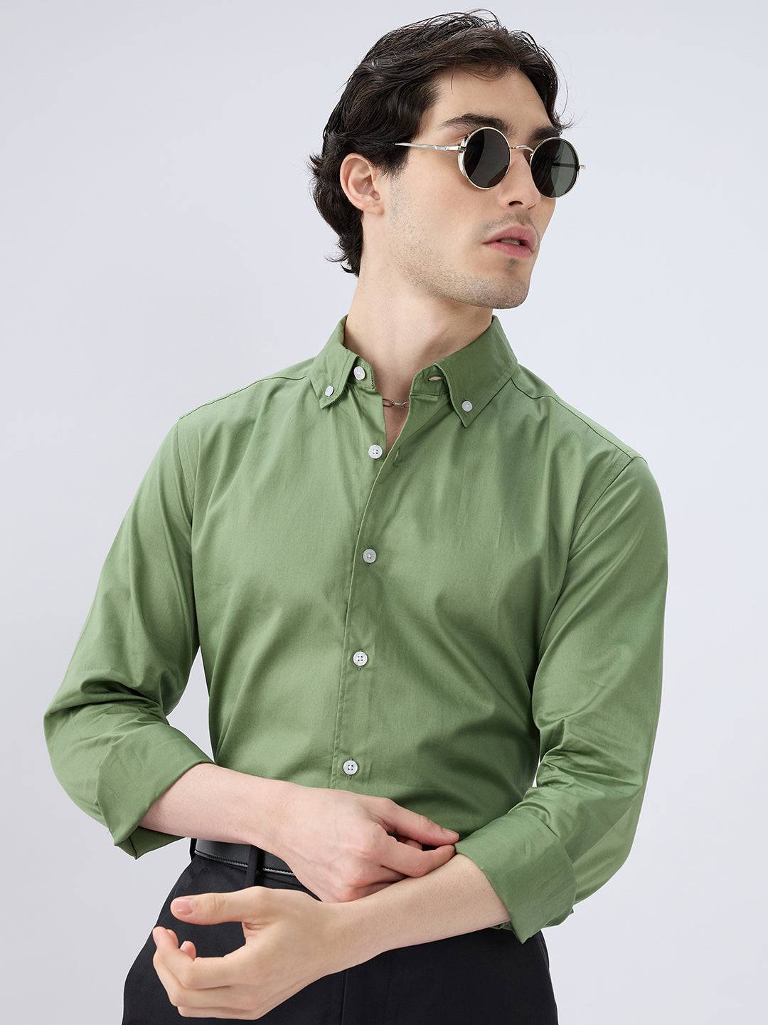 Forest Sheen Luxe Satin Button-down Collar Shirt Buy only at ₹759