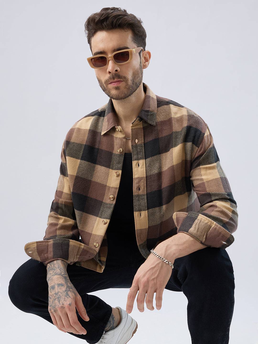 Heritage Brown & Beige Box Checks Boxy Fit Cropped Flannel Shirt Buy only at ₹899
