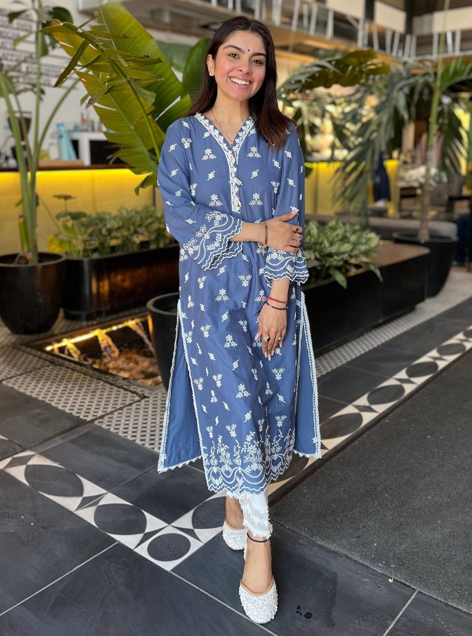 Satari Cotton Navy Kurta Set