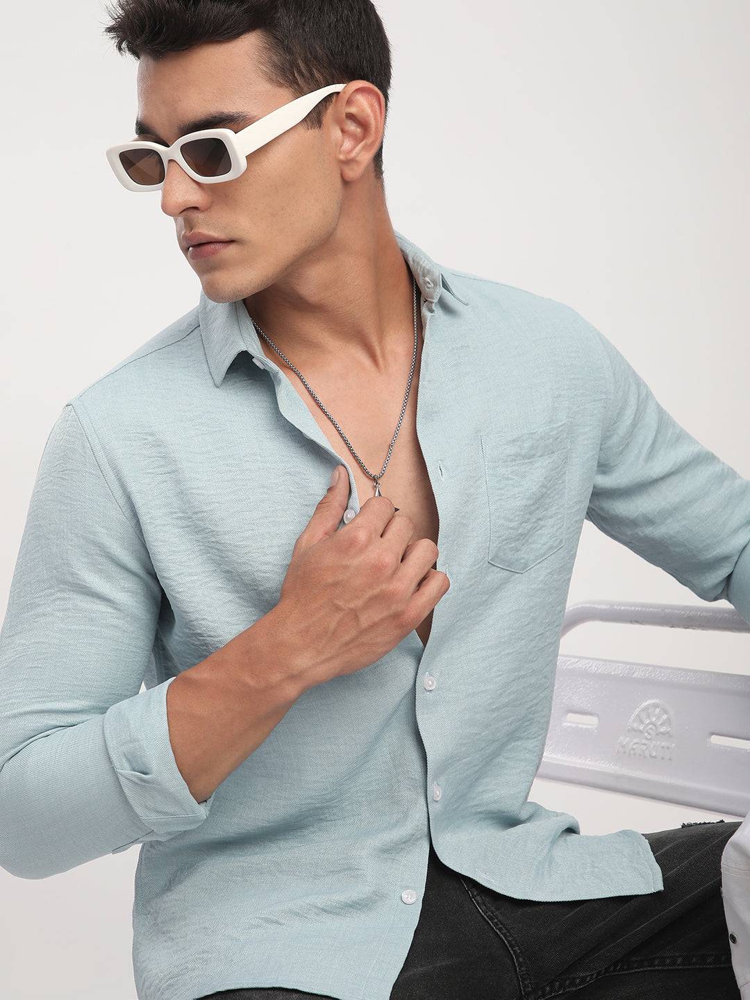 Pewter Blue Minimalist Crinkled Shirt Buy only at ₹659