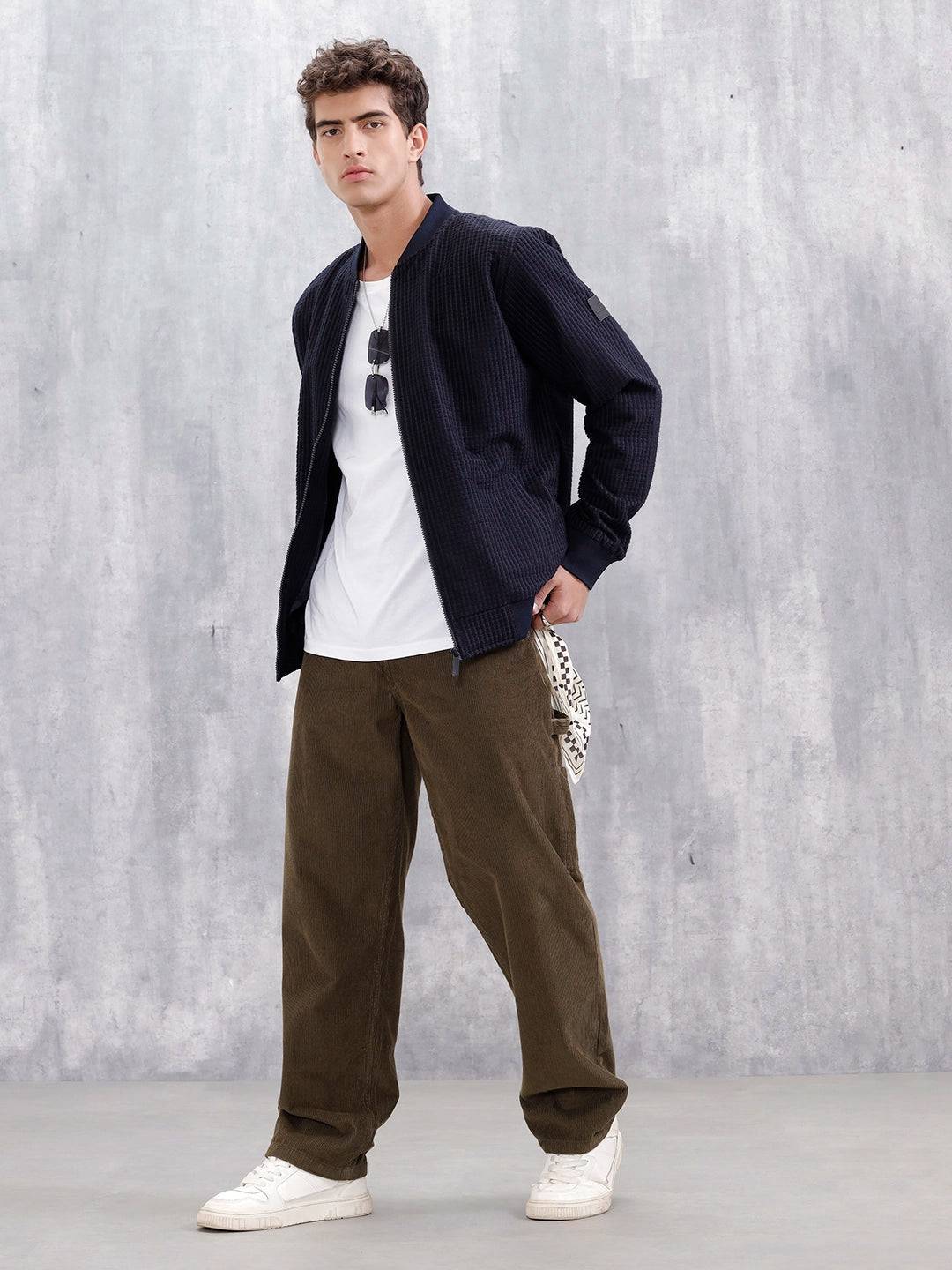 Men’s Textured Casual Bomber Jacket | Black