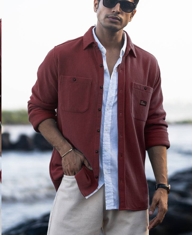Wine Structured Knit Shirt With Pockets Buy @ ₹1099