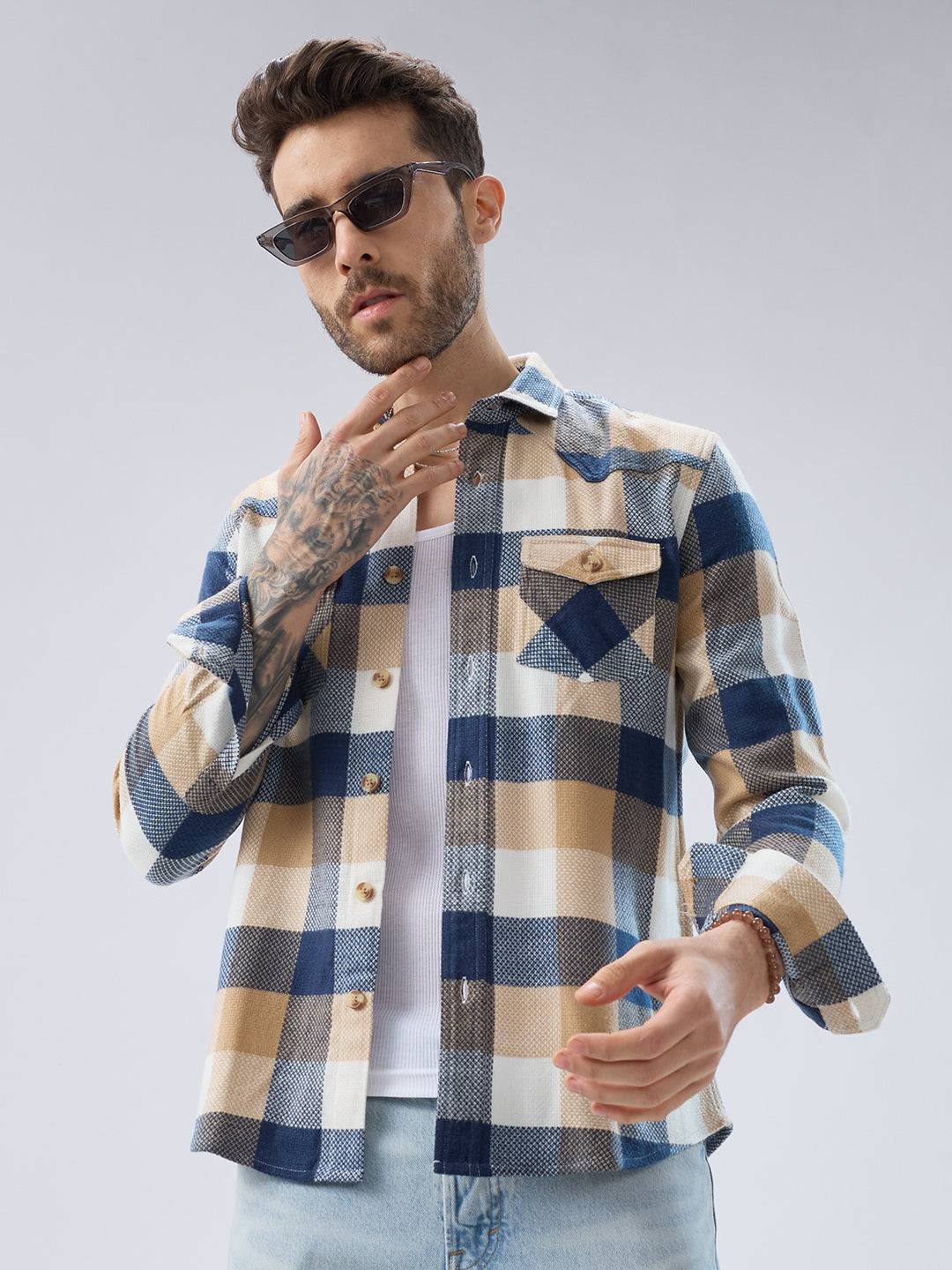 Coastal Breeze Beige Checks Flap Pockets Flannel Shirt Buy only at ₹959
