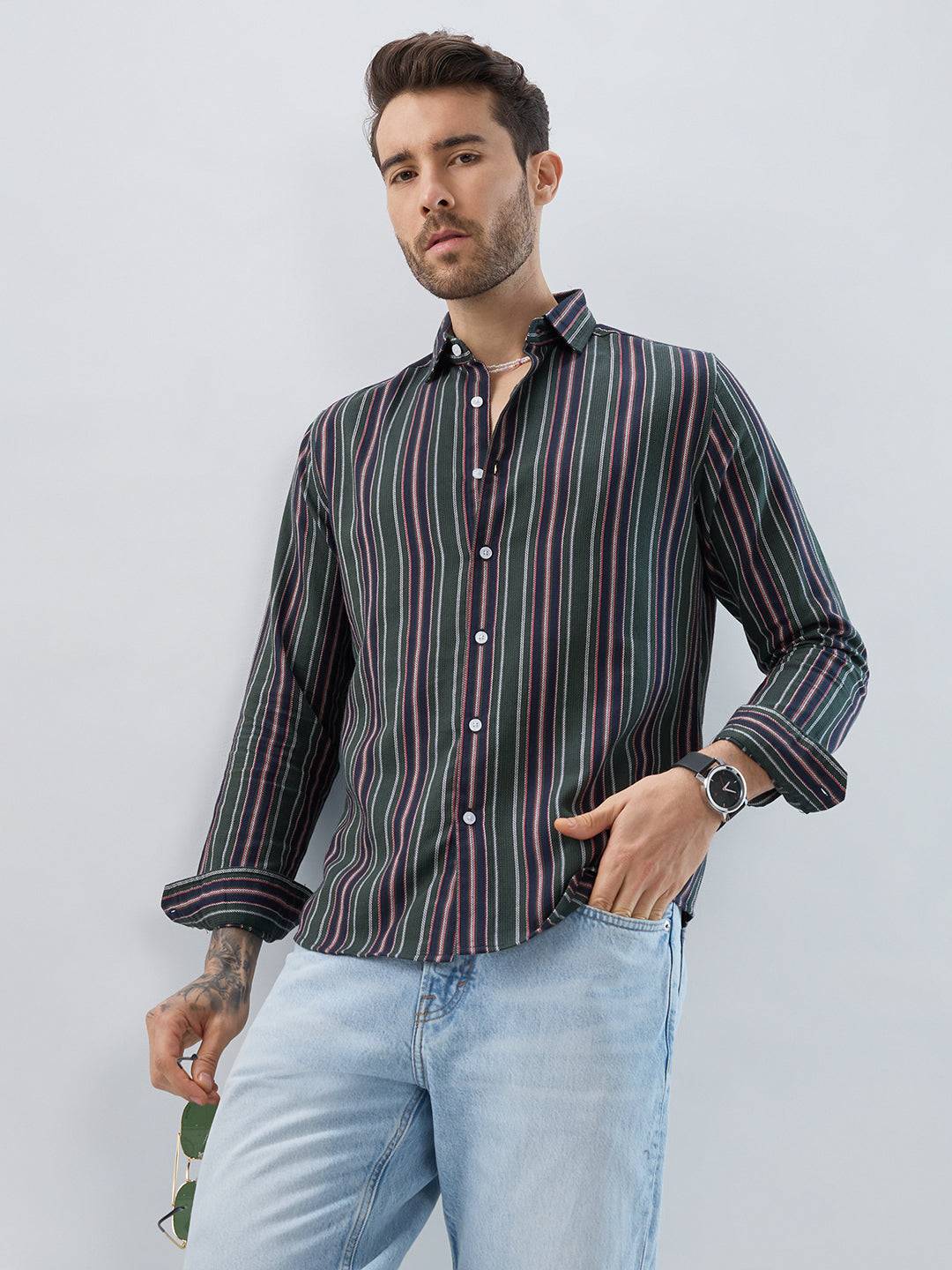 Premium Cotton Olive & Navy Balanced Striped Shirt Buy only at ₹799