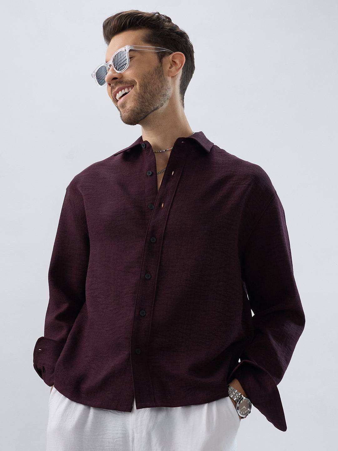 Rich Wine Slub Textured Boxy Fit Crop Shirt Buy only at ₹759
