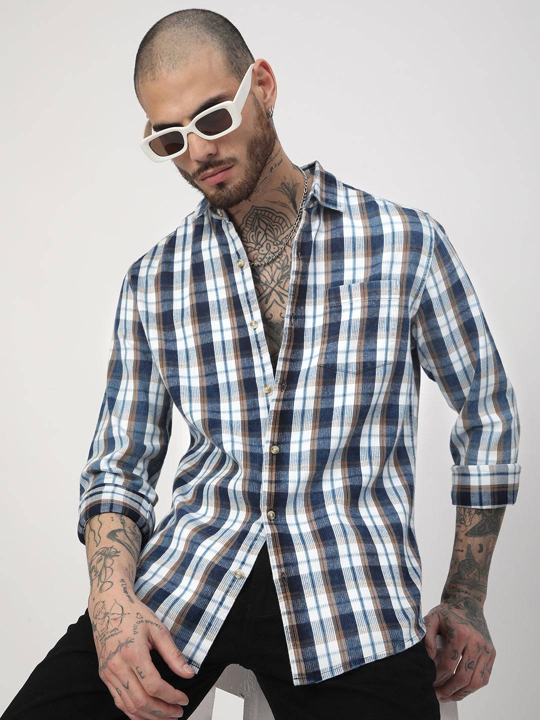 Denim White & Navy Plaid Checks Shirt Buy only at ₹759