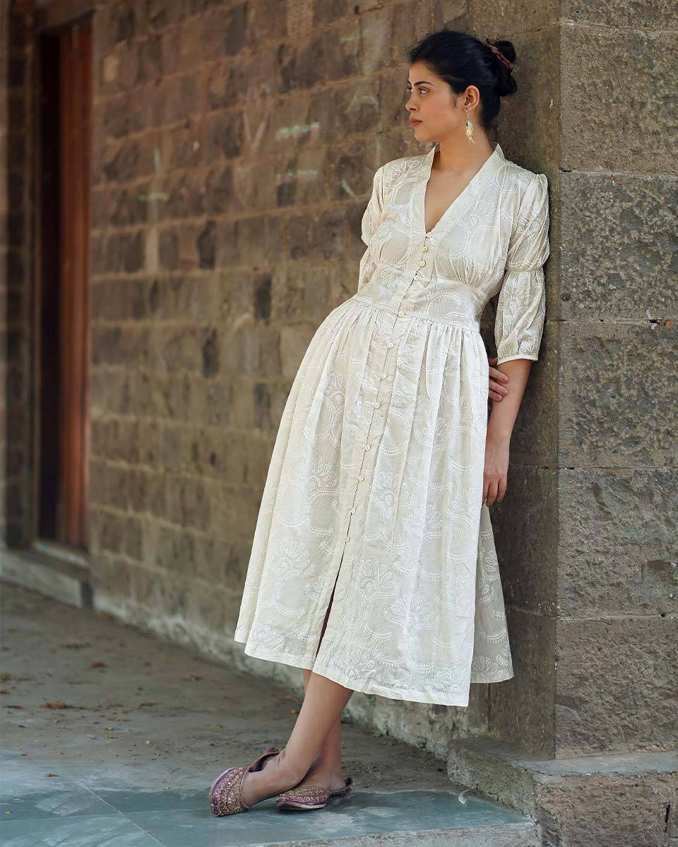 Dried Magnolia Ivory Block Printed Dress - SFD