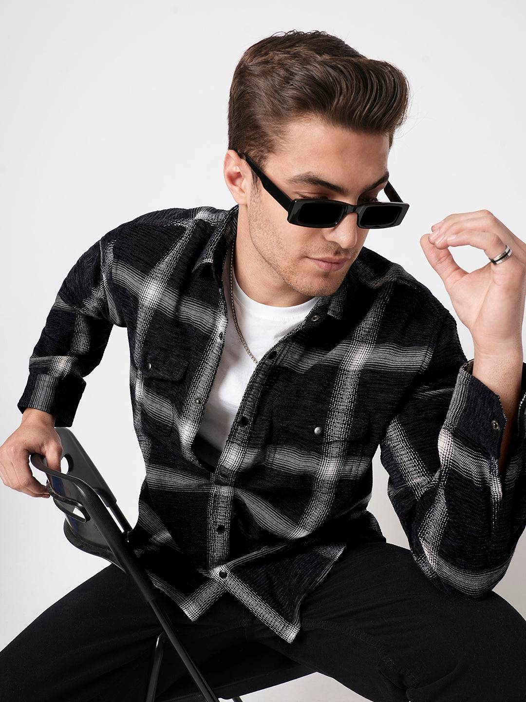 Black & White Broad Checks Double Flap Pocket Corduroy Shirt Buy only at ₹899