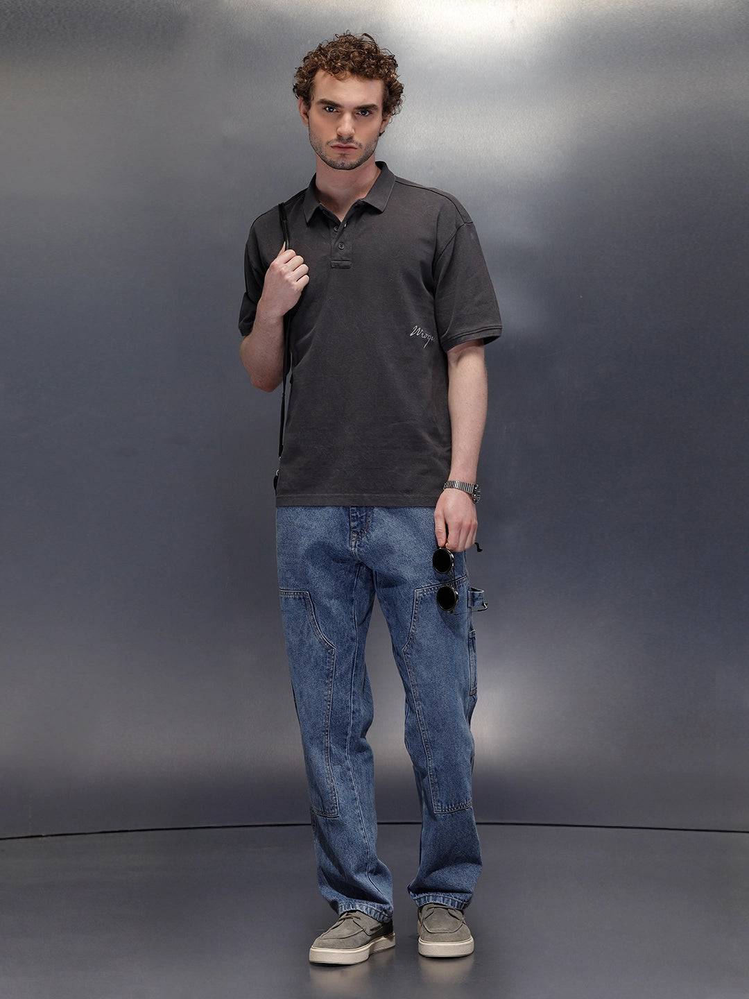 Washed Polo Neck Oversized T-Shirt With Branding | Dark Grey