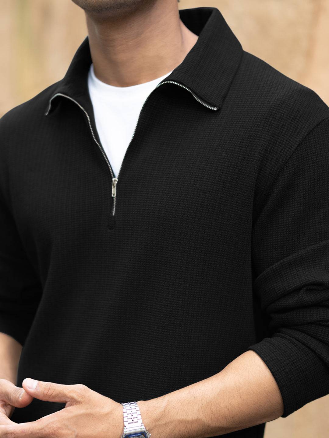 Black Knit Polo Zipper T-Shirt Buy @ ₹1199