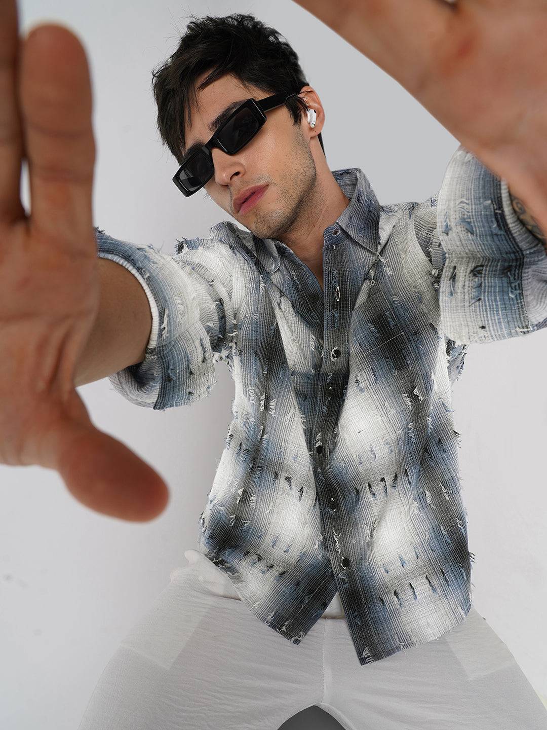 Midnight Blue Frayed Checks Boxy Fit Crop Shirt Buy only at ₹759