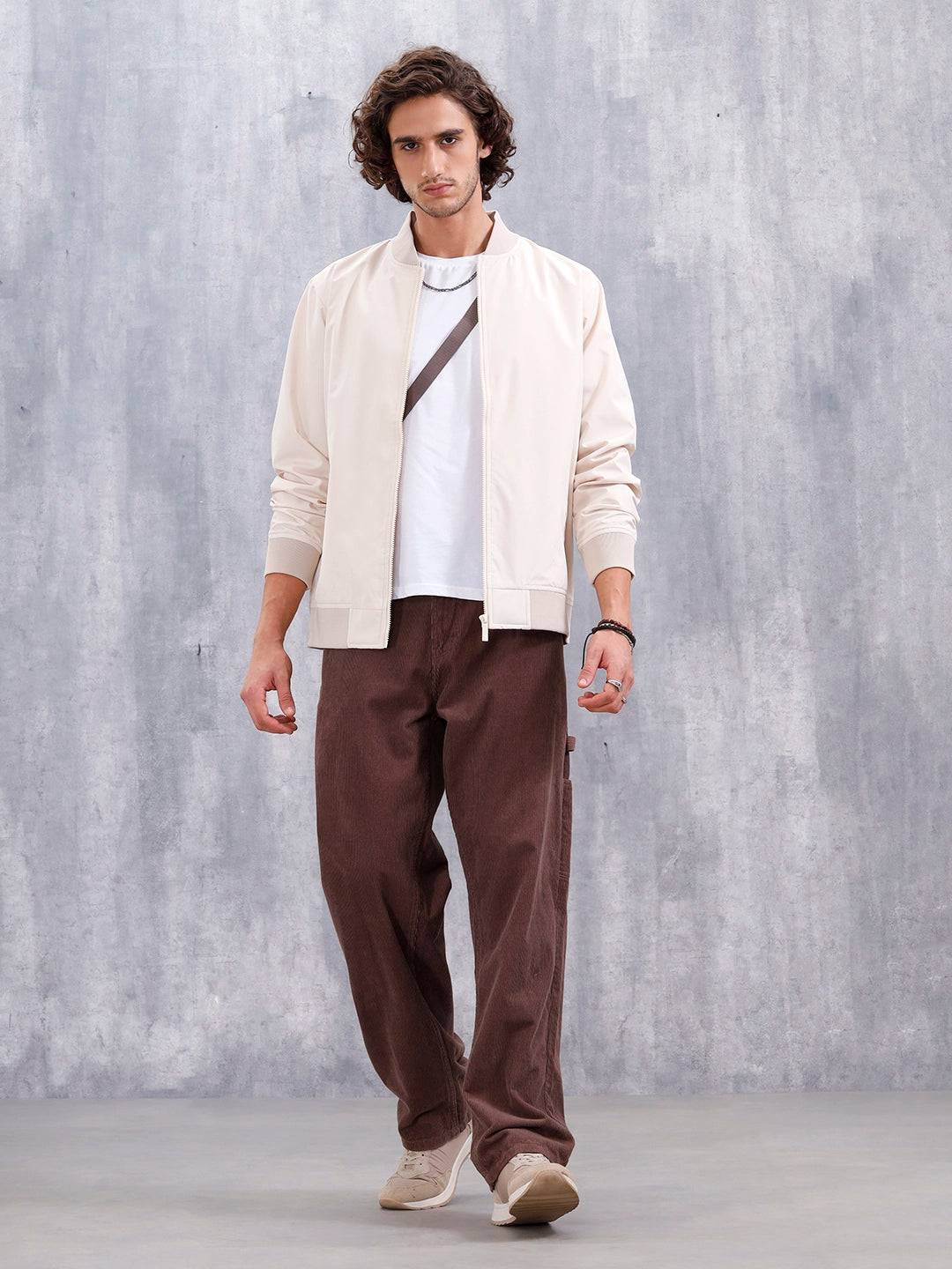Men'S Solid Casual Bomber Jacket | Beige