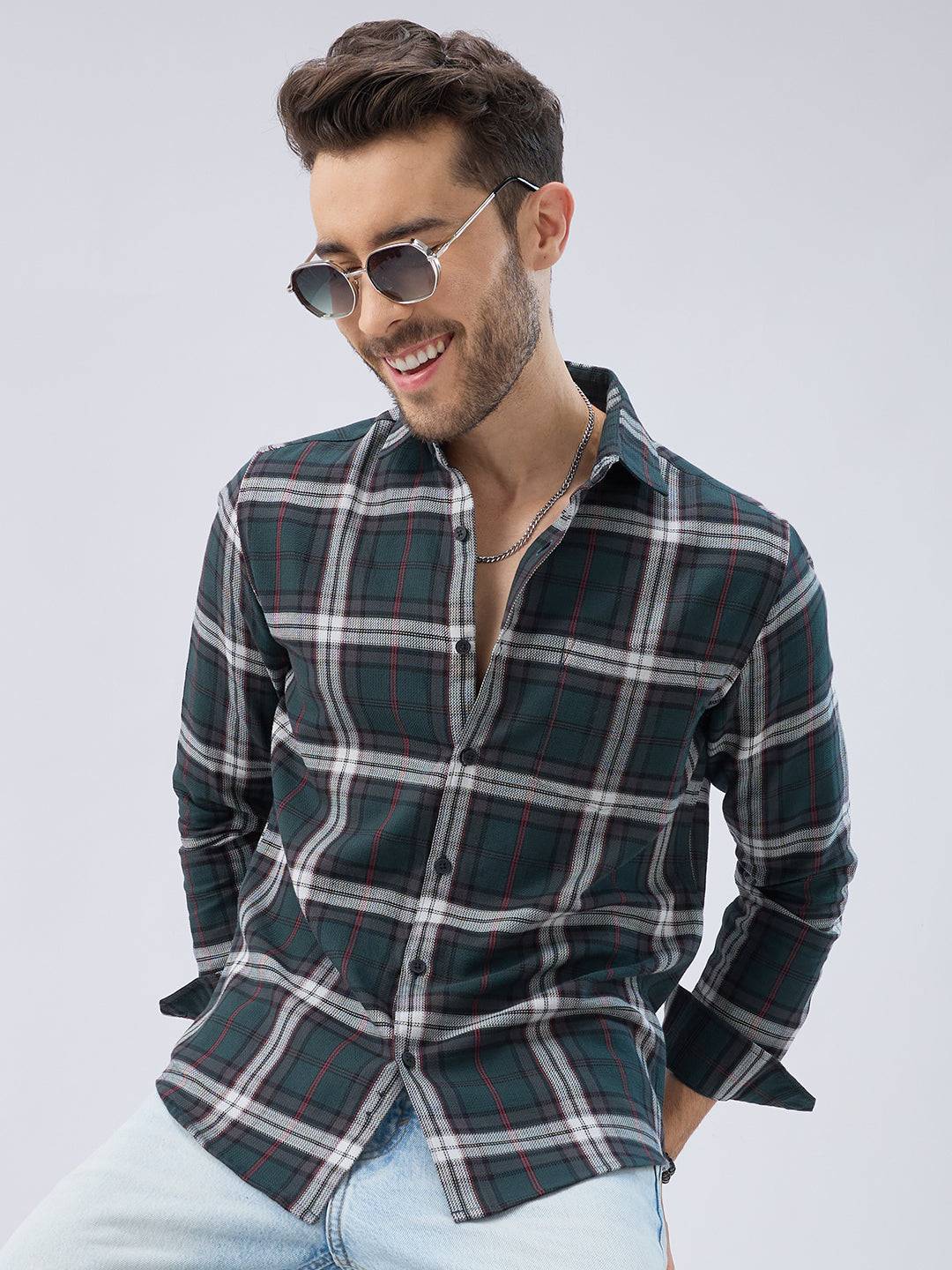 Premium Cotton Deep Forest Green Contrast Checks Shirt Buy only at ₹799