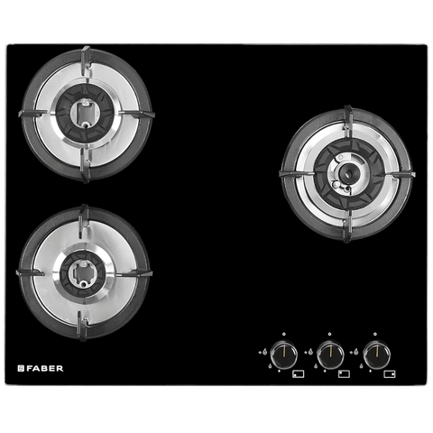 Faber Hob SUPERIA HT653 BR AI, 3 burner 65 cm Auto Ignition Glass Top Full Brass Burners 1 Medium + 1 Small +1 High Flame Gas Stove (Black) Buy at only ₹14699
