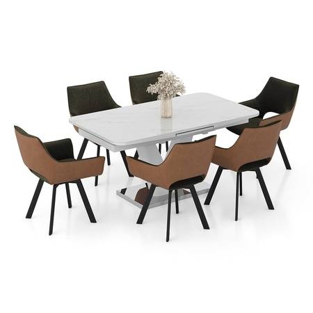 Caribu 6 to 8 Extendable Dining Table, Finish -White marble color High Gloss with set 0f 6 Casey Swivel Dining Chair in Dual Tone