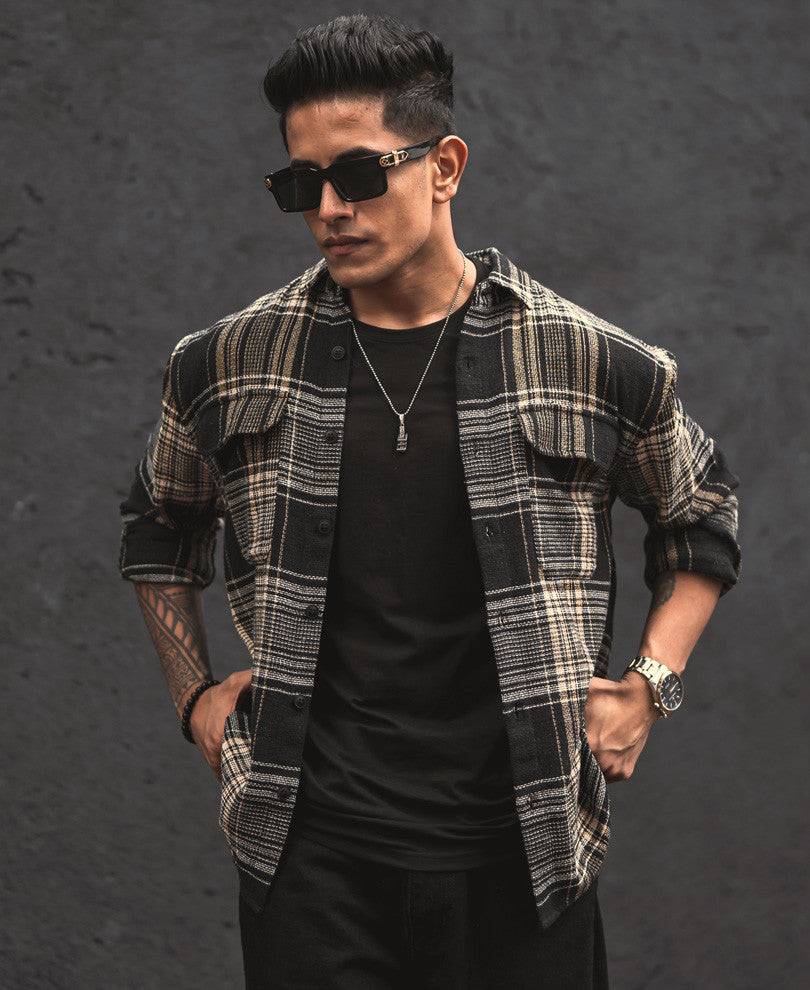 Black Structured Checks Shacket Oversized Shirt Buy @ ₹1299