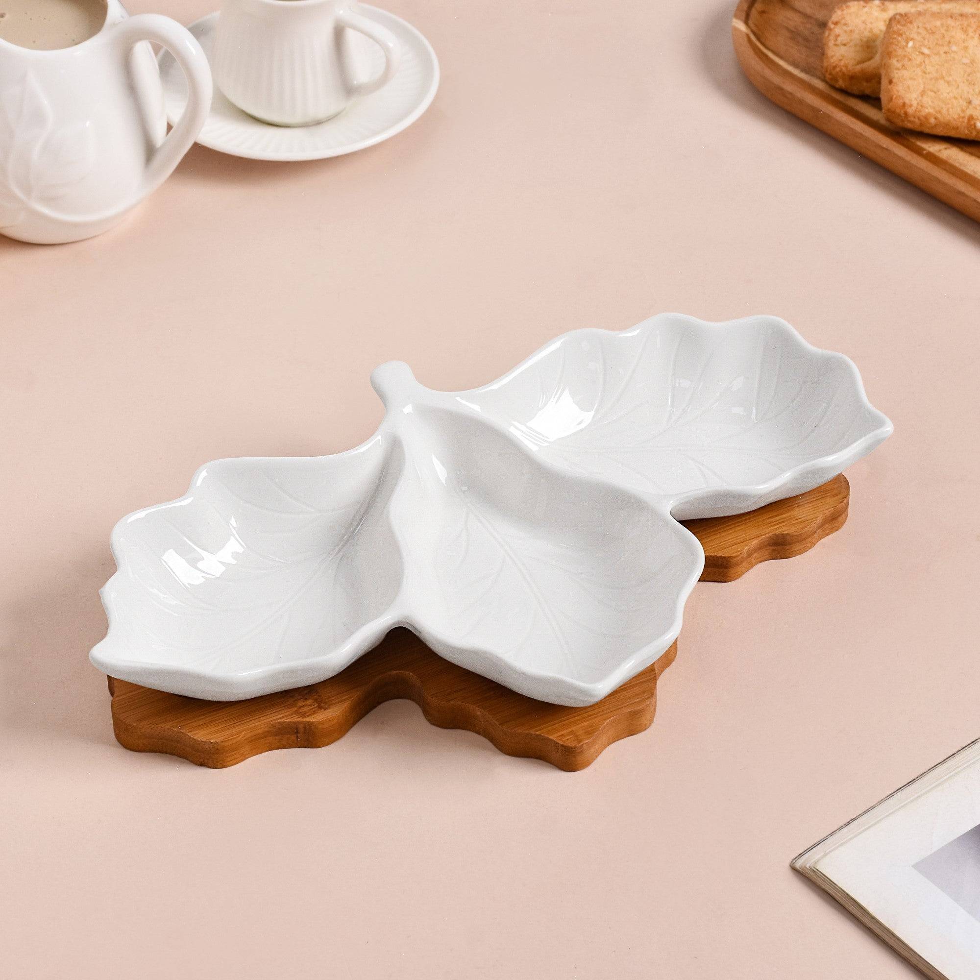 3 Section Leafy Ceramic Plate With Wooden Tray buy only at ₹995
