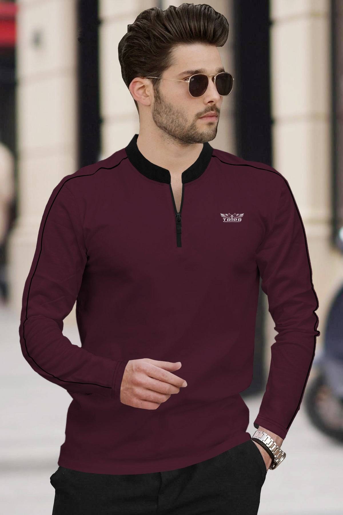 Men Full Sleeve Mandarin Collar Maroon T-Shirt