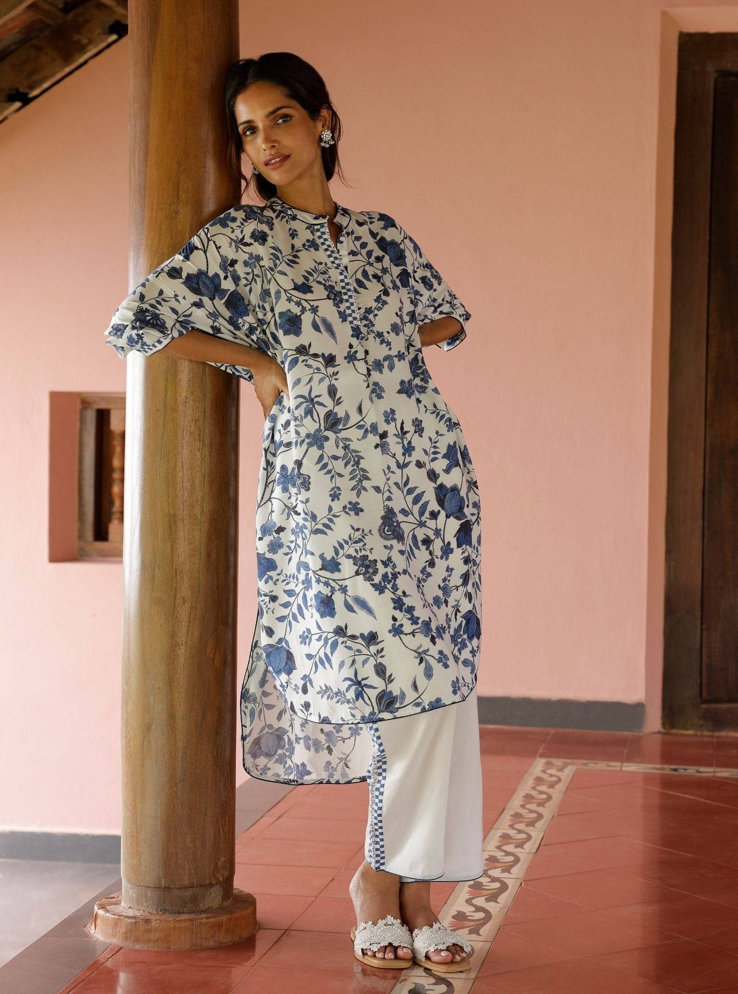 Marius Lawn Printed White/Navy Kurta Set