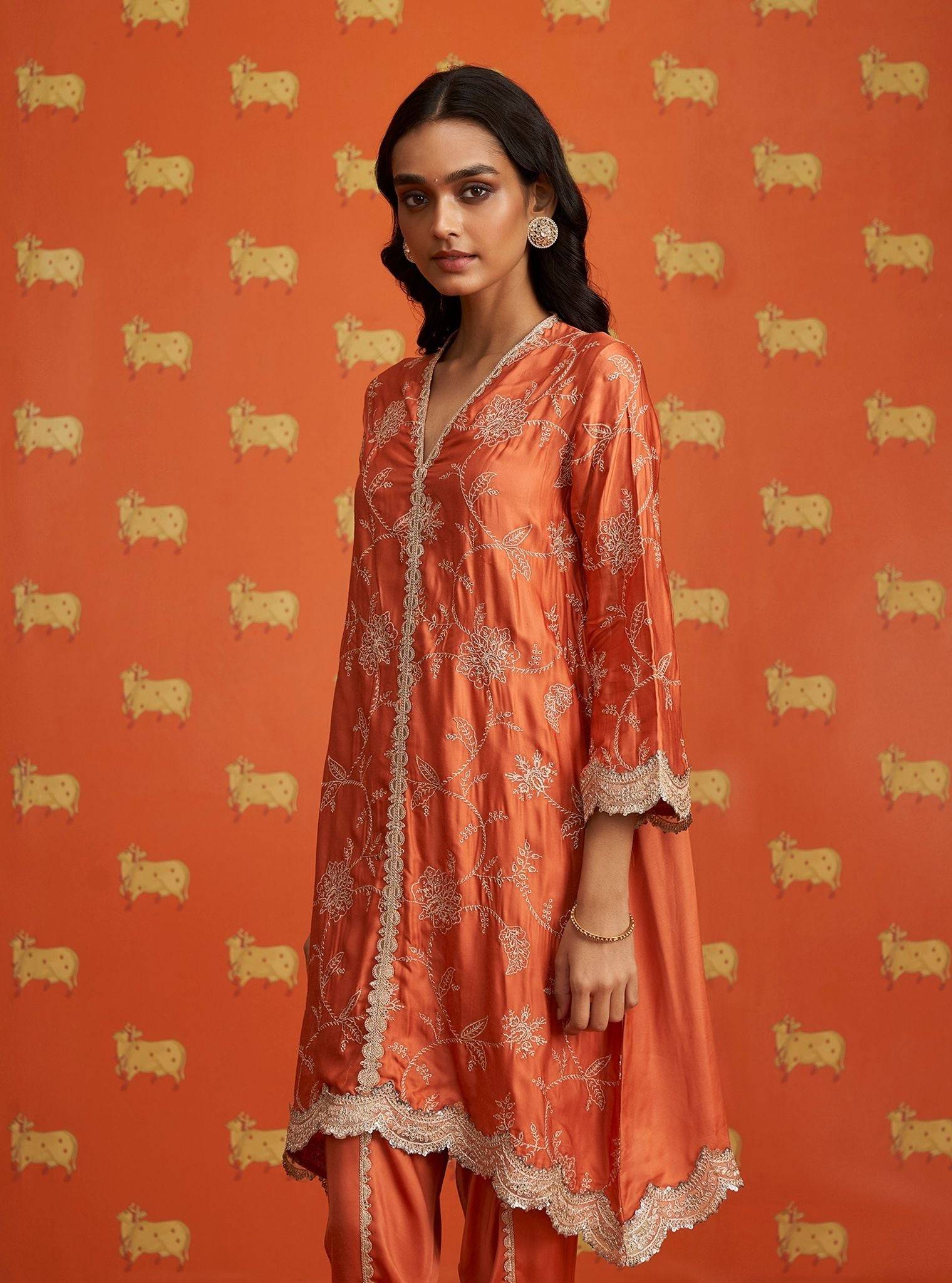 Yihwa Cupro Satin Burnt Orange Kurta Set