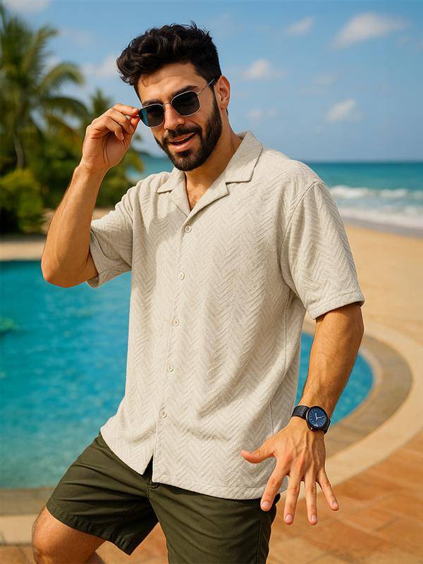 Beige Jacquard Plain Oversized Exclusive Shirt