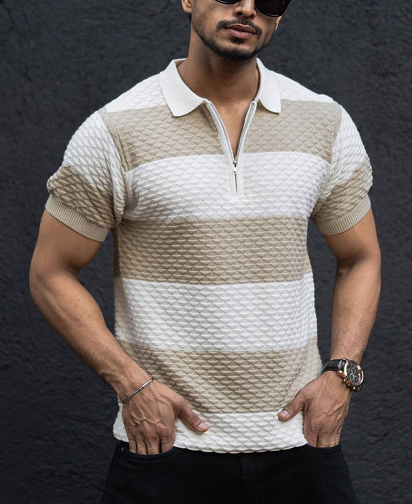 Off White Structured Striped Regular Half Sleeves T Shirt Buy @ ₹999