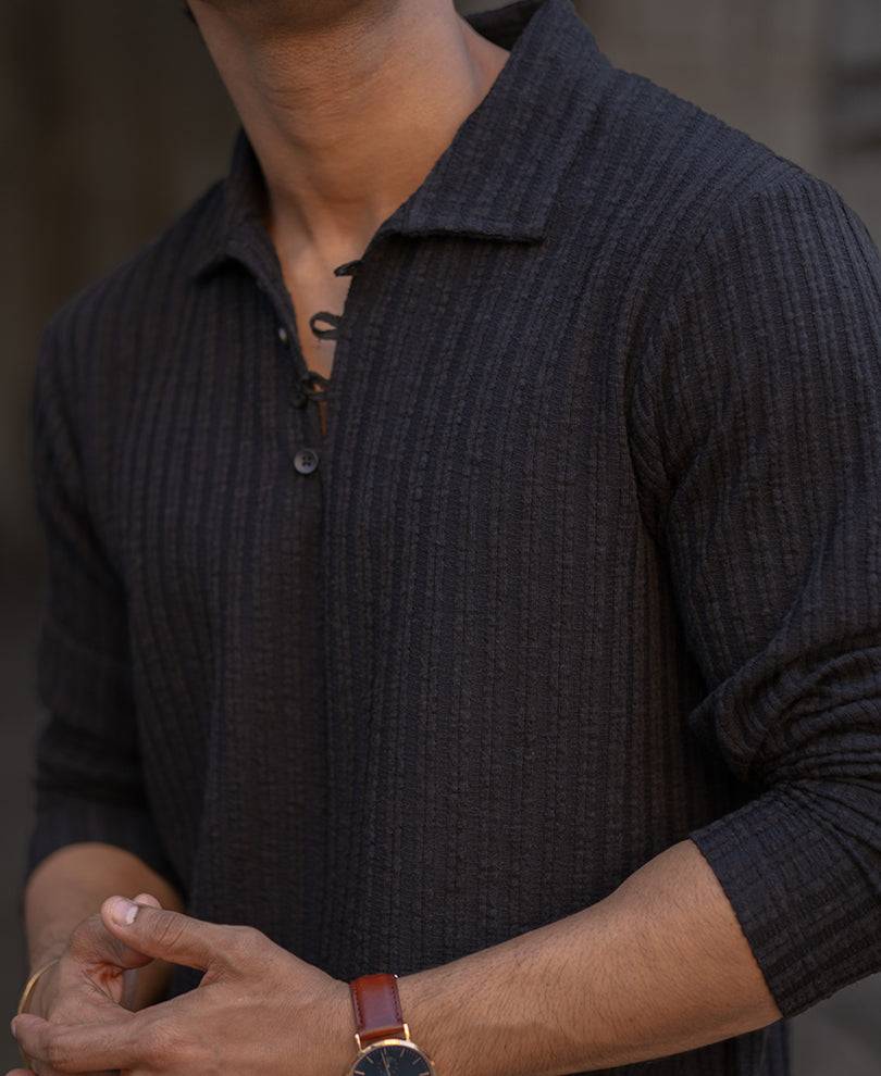 Black Self Stripe Polo T-Shirt Buy @ ₹599