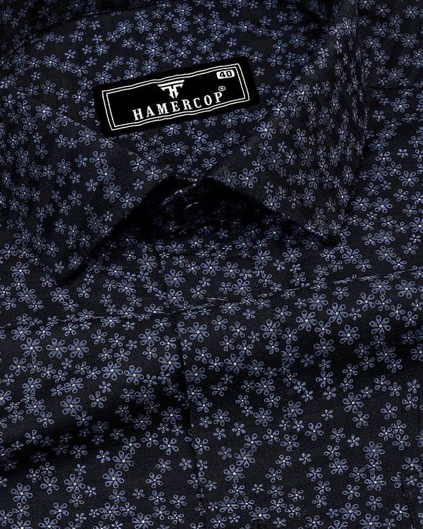 Black Hibiscus Printed Self Weft Stripe Dobby Cotton Shirt