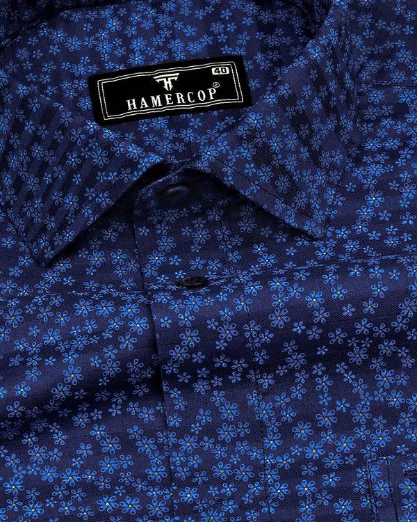 Blue Hibiscus Printed Self Weft Stripe Dobby Cotton Shirt