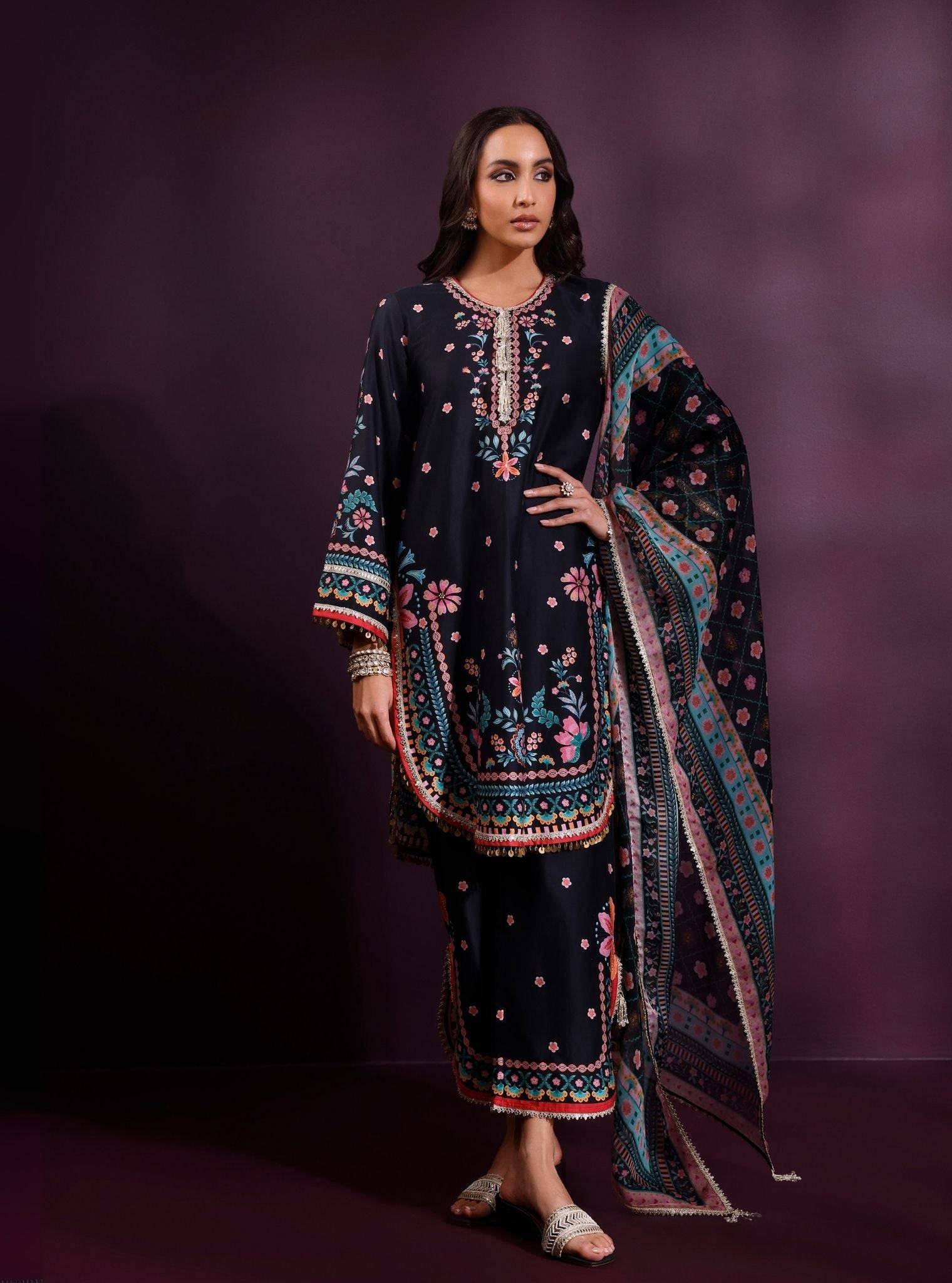 Omira Pima Satin Printed Black Kurta Set