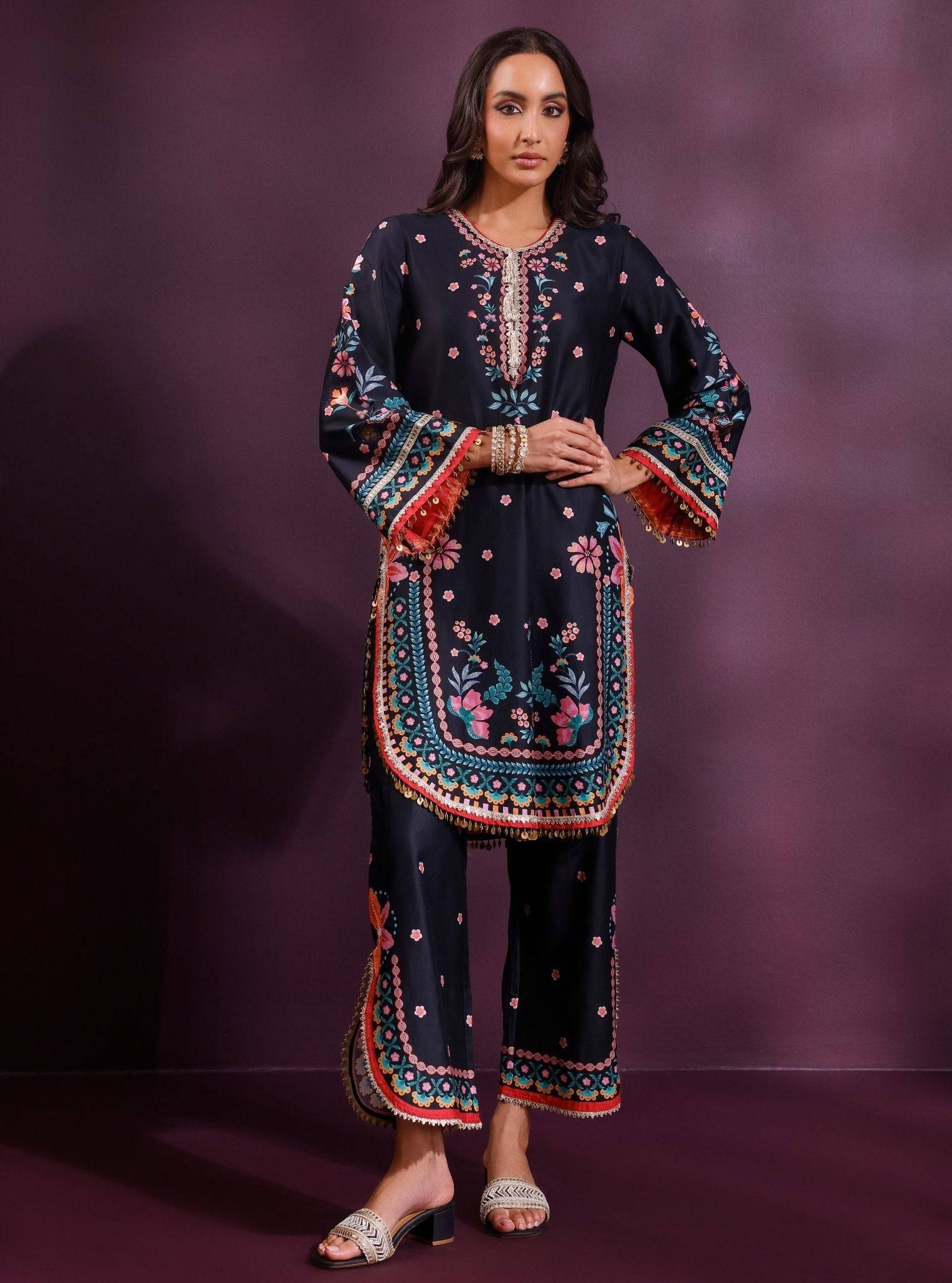 Omira Pima Satin Printed Black Kurta Set