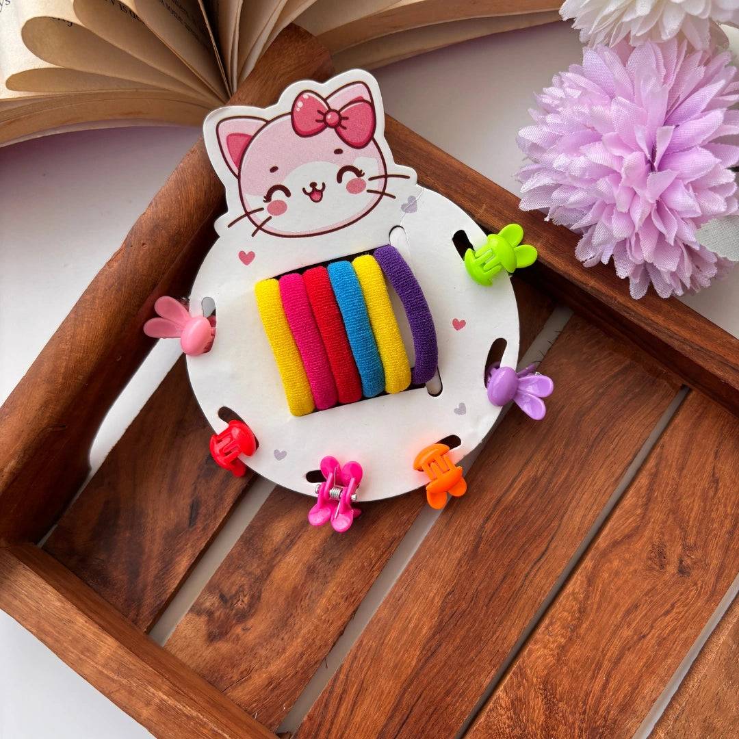 Cute Kids Hair Essentials Set – Rubber Bands + Mini Clips (Pack of 12) / Assorted Colours