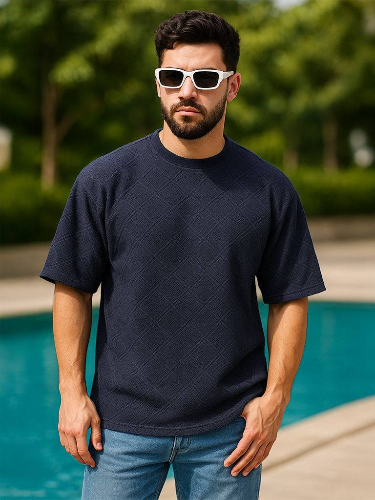 Navy Jacquard Plain Oversized Exclusive T-shirt