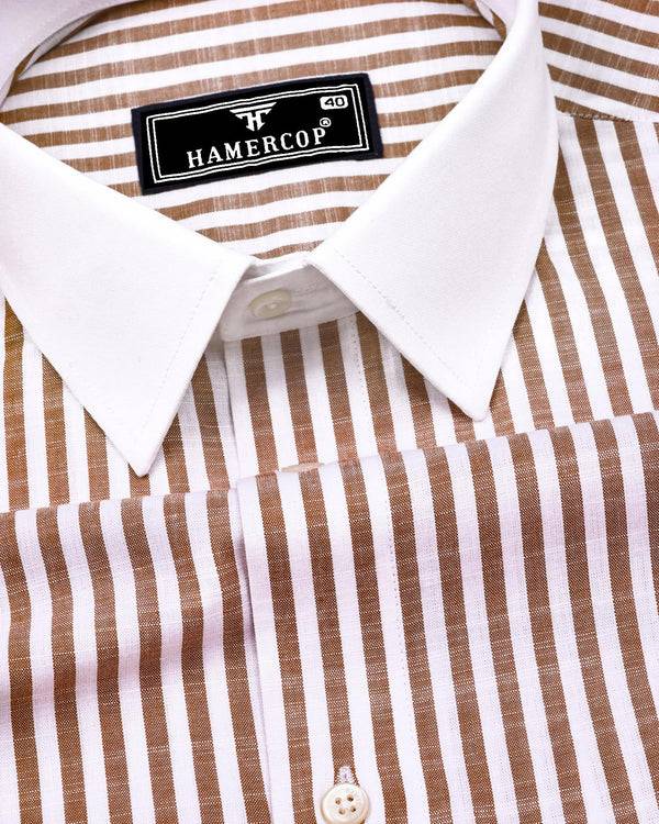 Ecru Cream With White Stripe Linen Cotton Designer Shirt