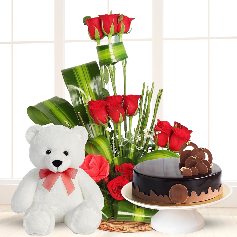 Red Roses in a Basket, Cake & Teddy