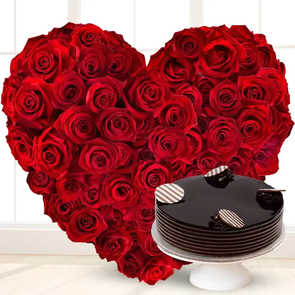 Heart Shaped Arrangement of Red Roses & Cake