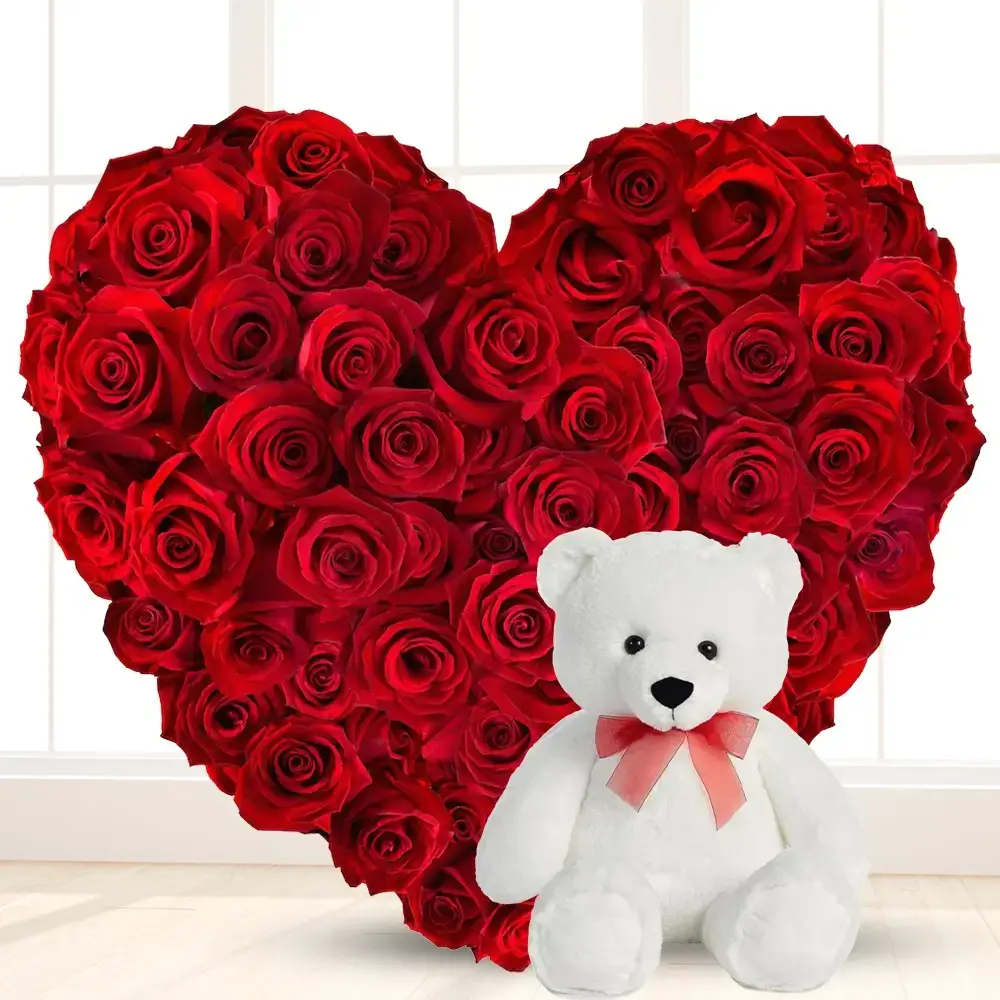 Heart Shaped Arrangement of Red Roses & Teddy