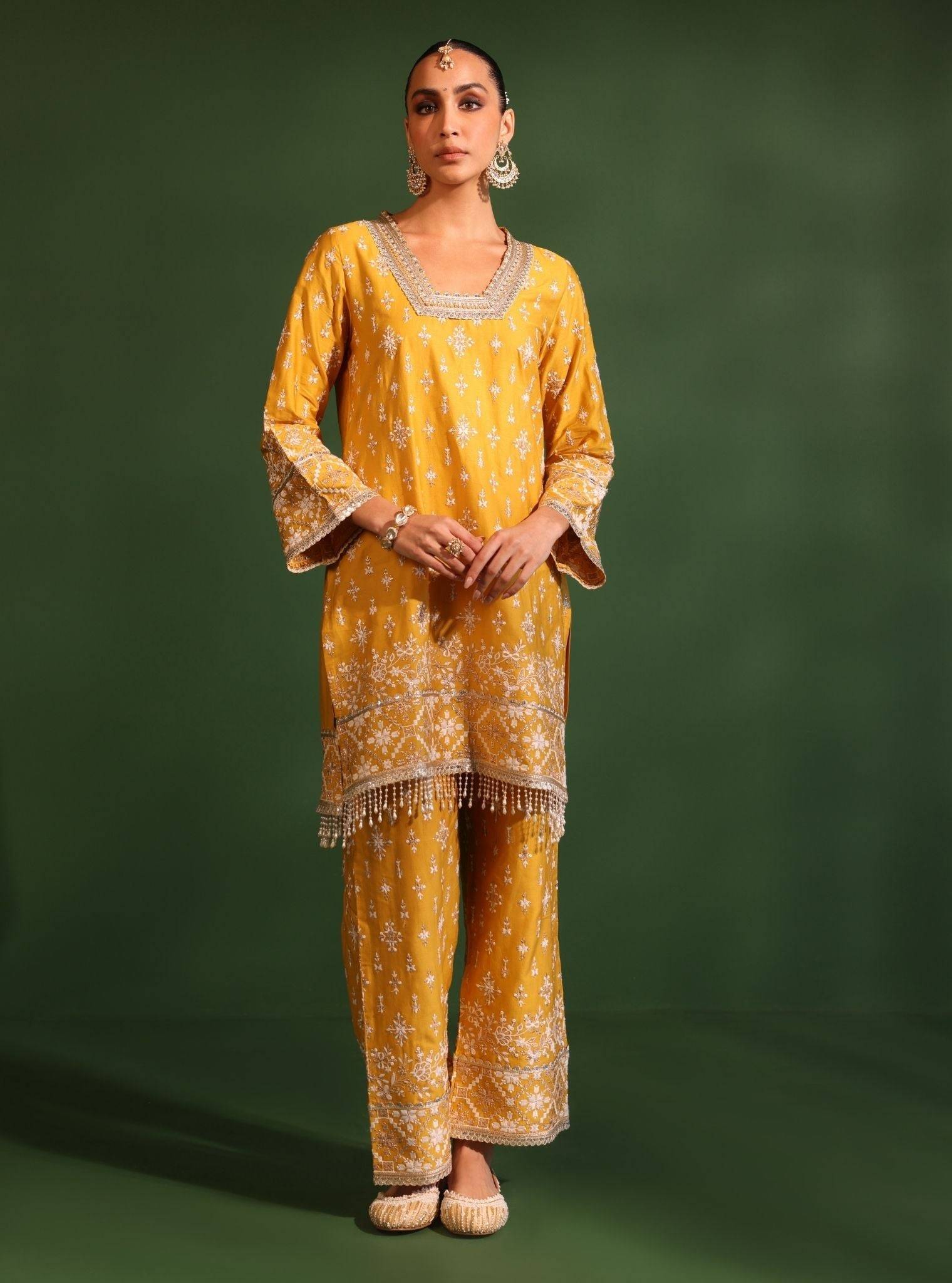 Kalander Pima Satin Yellow Kurta Set