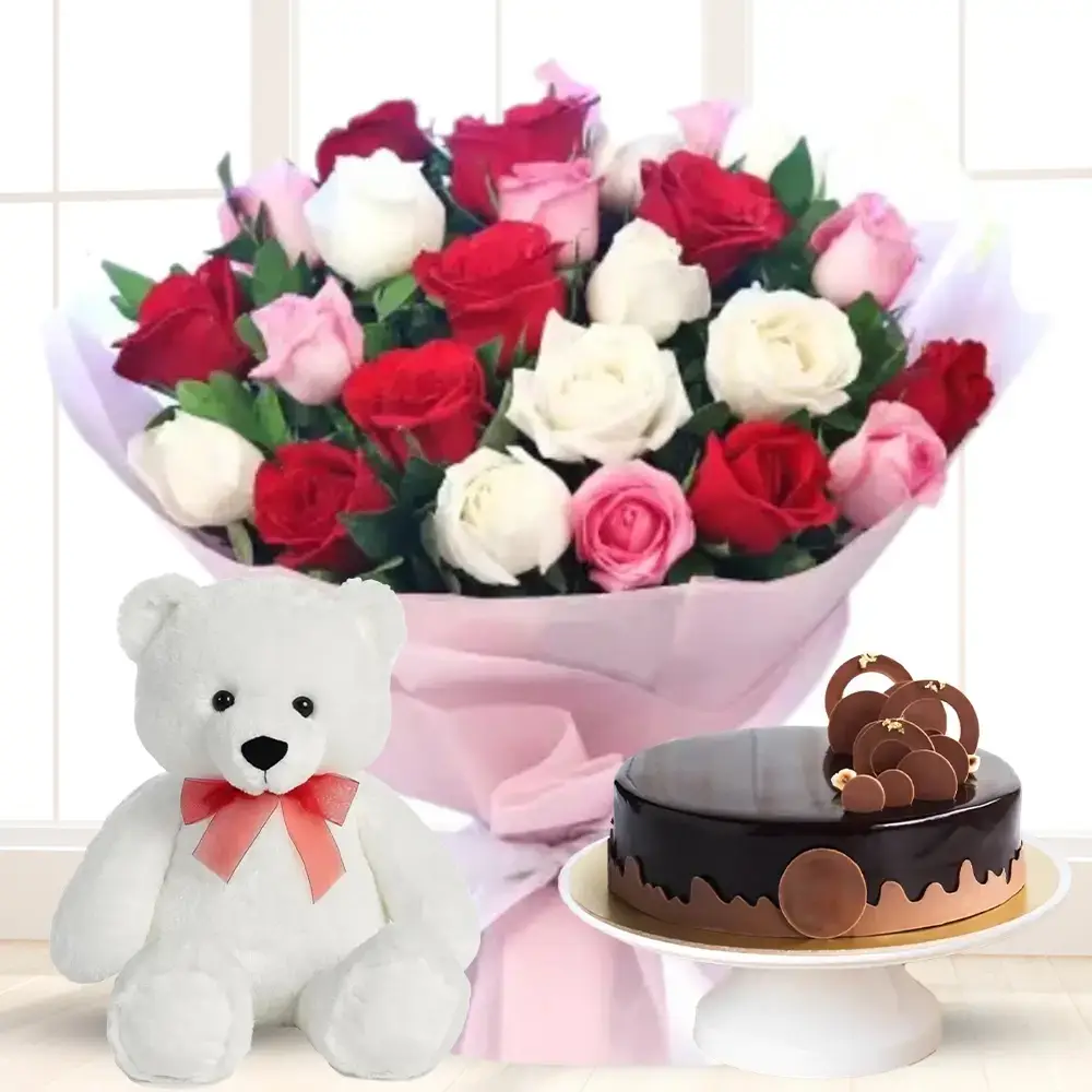 Mixed Roses Bouquet With Teddy & Cake