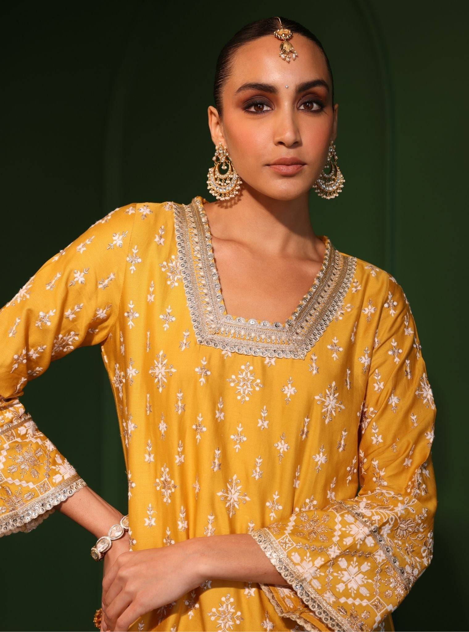 Kalander Pima Satin Yellow Kurta Set