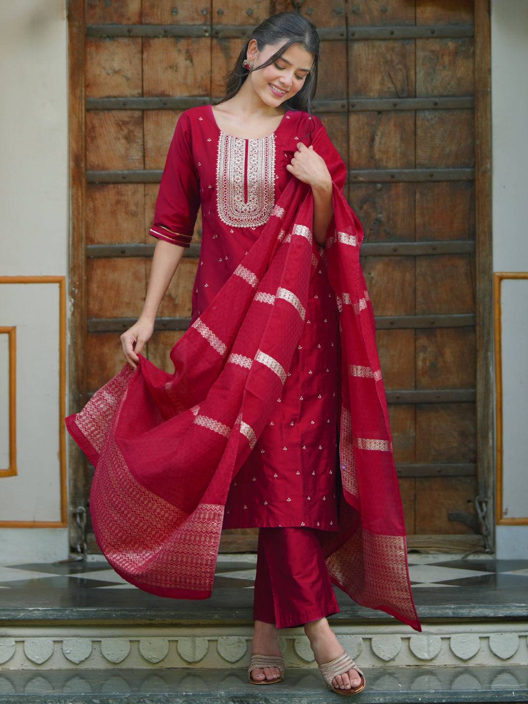 Pink Embroidered Silk Blend Straight Su... Buy only at ₹5049