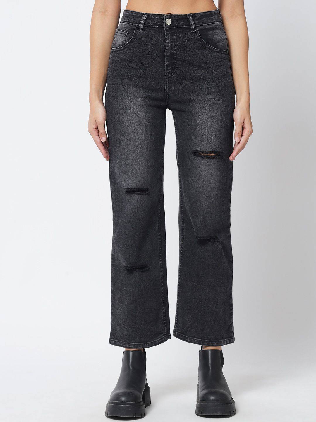 Kotty Women Black Jean Straight Fit Slash Knee Light Fade Stretchable Jeans