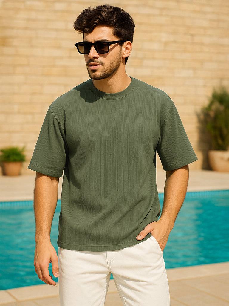Olive Textured Plain Oversized Exclusive T-shirt